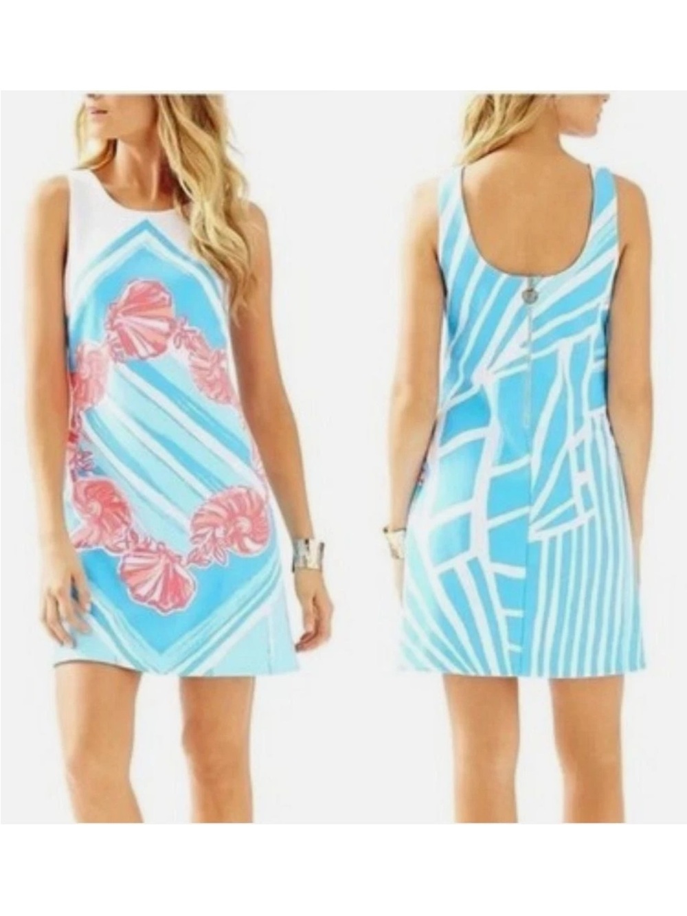 R🌻Sleeveless 💙Nautical Shell Print Shift Dress - White, Sky Blue & Coral